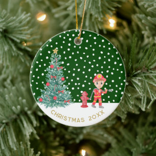 Custom Baby Keepsake Fireman Christmas Tree Ceramic Ornament