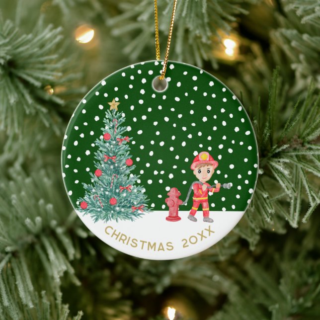 Custom Baby Keepsake Fireman Christmas Tree Ceramic Ornament (Tree)
