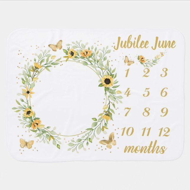 Custom Baby Milestone Monthly Blanket, Sunflower  Baby Blanket (Horizontal)