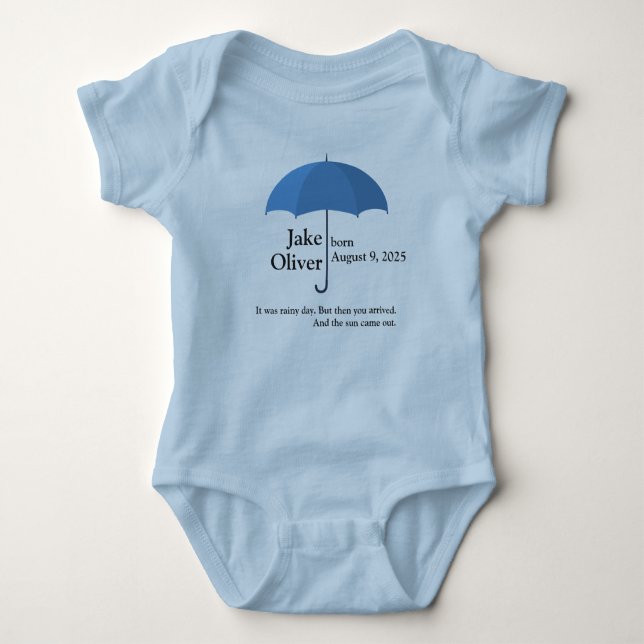 Custom Baby Name and Date under Blue Umbrella Bodysuit (Front)