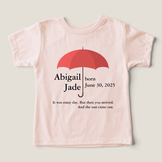 Custom Baby Name and Date under Red Umbrella Toddler T-shirt (Design Front)