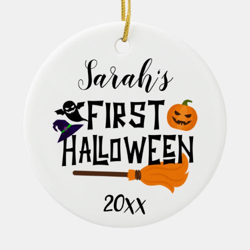 Custom Baby Name and Photo First Halloween Pumpkin Ceramic Ornament