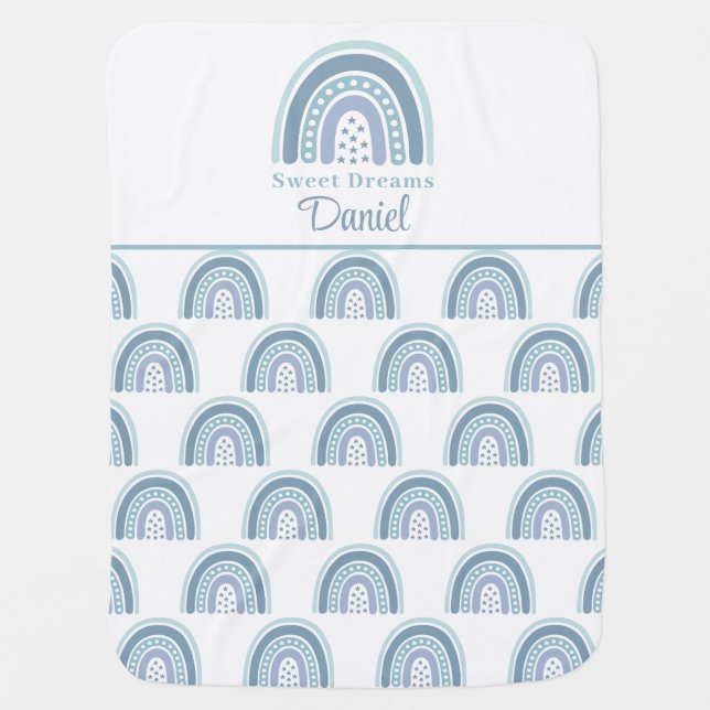 Custom Baby Name Boho Blue Rainbow Baby Blanket (Front)