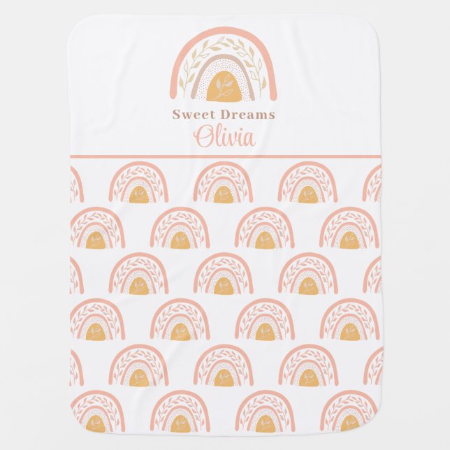 Custom Baby Name Boho Pink Rainbow Baby Blanket (Front)
