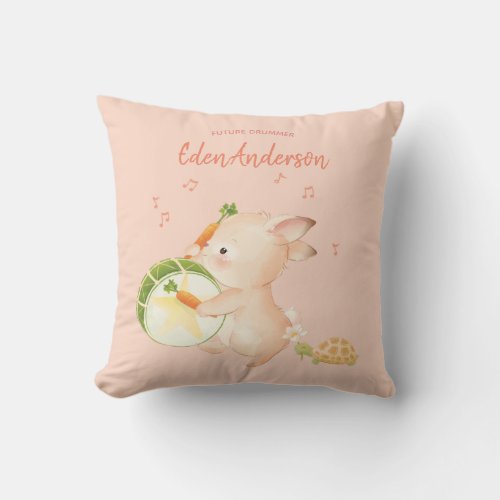 Custom Baby Name Bunny Drummer Music Parade Throw Pillow