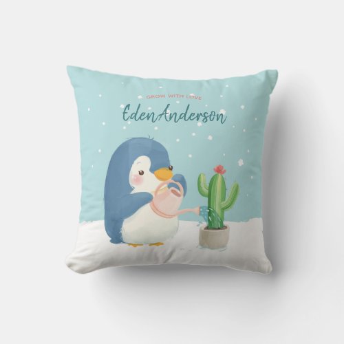 Custom Baby Name Cute Penguin Cactus Nursery Throw Pillow