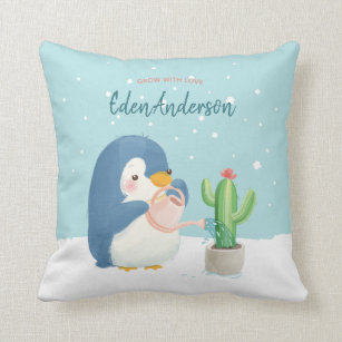 [Custom] Baby Name Cute Penguin Cactus Nursery Throw Pillow