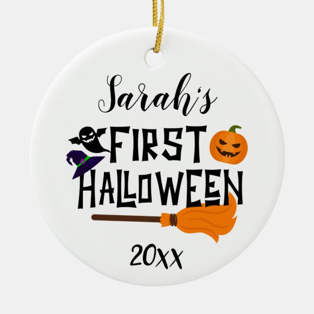 Custom Baby Name First Halloween Pumpkin 2022 Ceramic Ornament (Front)