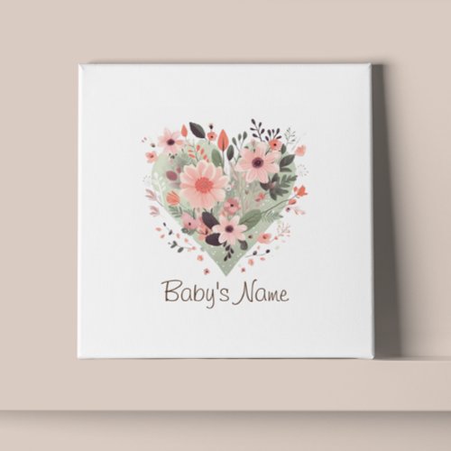 Custom Baby Name Heart Flowers Nursery Faux Canvas Print