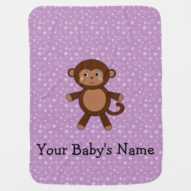 Custom baby name monkey purple stars stroller blanket (Front)