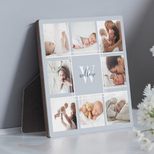 Custom Baby Name & Monogram Photo Collage Blue Plaque