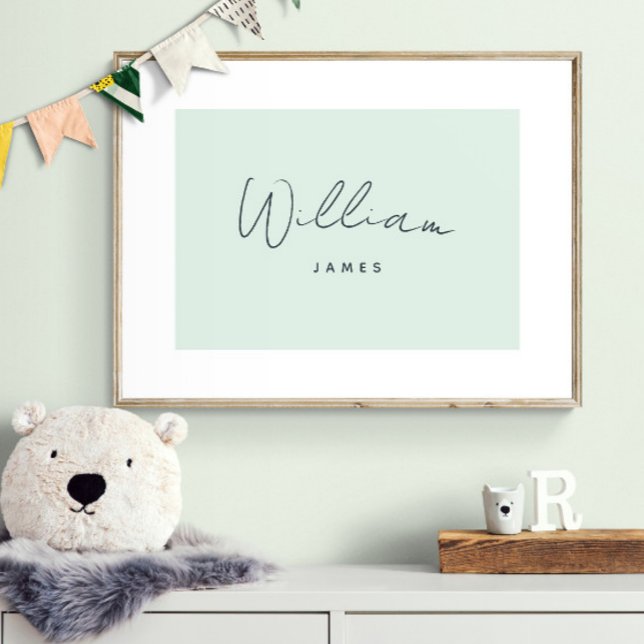 Custom Baby Name Nursery Decor Pastel Green  (Shown framed. Print is designed with a border to give the illusion of a mat.)