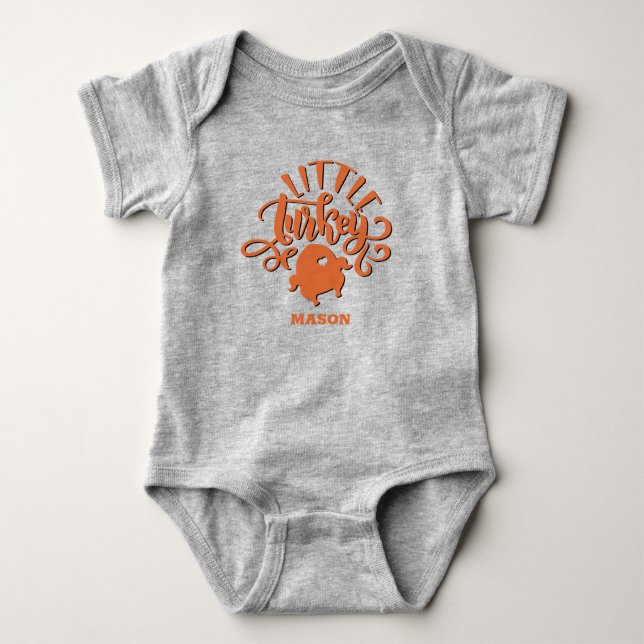 Custom Baby Name Orange Little Turkey Thanksgiving Baby Bodysuit (Front)