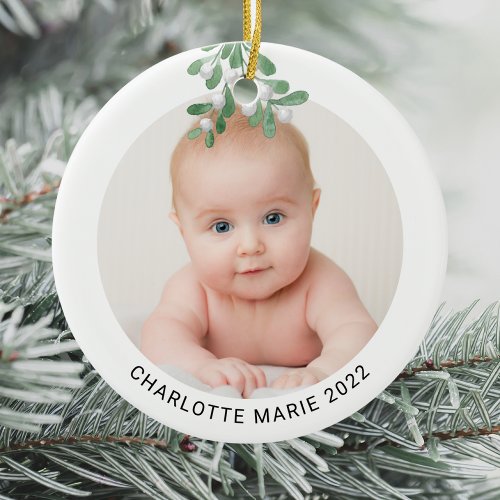 Custom Baby Name Photo Christmas Watercolor Ceramic Ornament