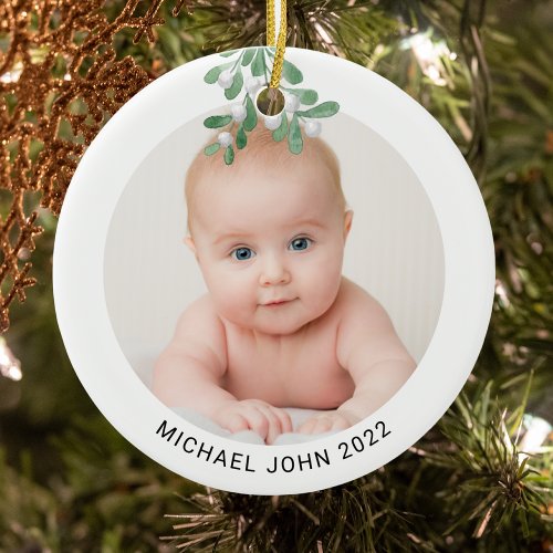 Custom Baby Name Photo Christmas Watercolor Ceramic Ornament