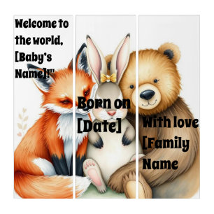 Custom Baby Name Triptych Wall Art Woodland Anim