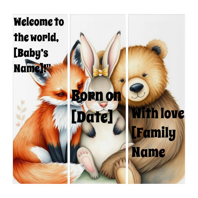 Custom Baby Name Triptych Wall Art | Woodland Anim (Front)