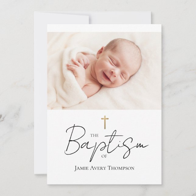 Custom Baby Photo Baptism Gold cross Chic Invitation (Front)