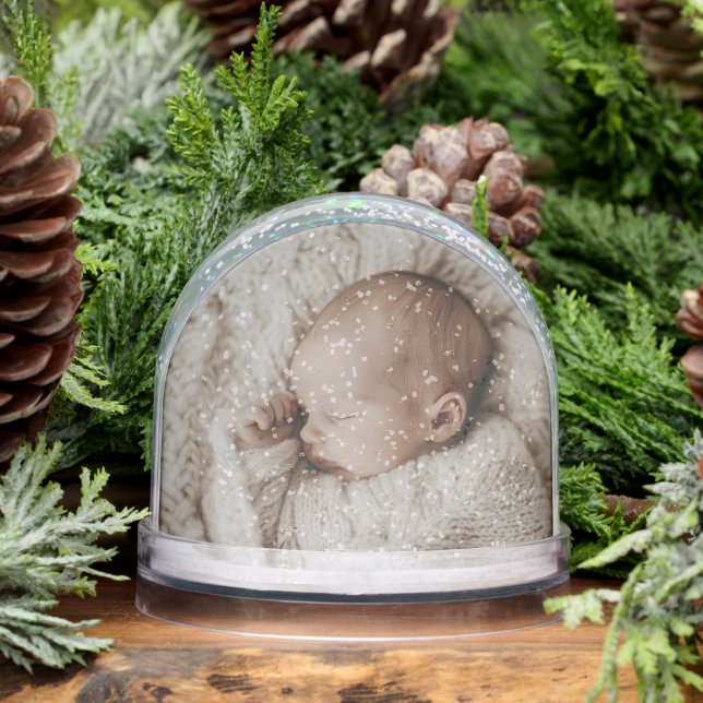 Custom Baby Photo Birth Stats Red Heart Keepsake Snow Globe (Winter)