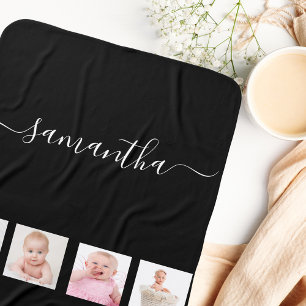 Custom baby photo collage black name blanket