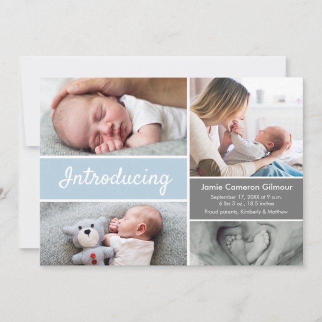Custom Baby Photo Collage Blue White Modern Script (Front)