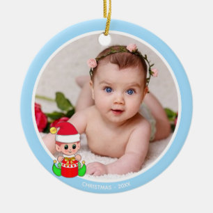 Custom Baby Photo & Cute Elf on Light Blue Ceramic Ornament