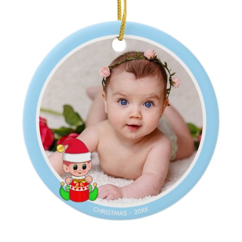 Custom Baby Photo &amp; Cute Elf on Light Blue Ceramic Ornament