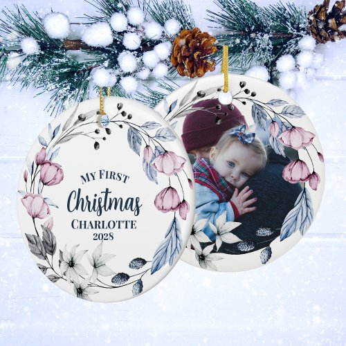 Custom Baby Photo Elegant Floral Christmas Ceramic Ornament
