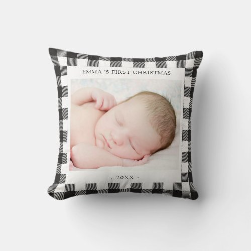 Custom Baby Photo First Christmas Buffalo Plaid Throw Pillow