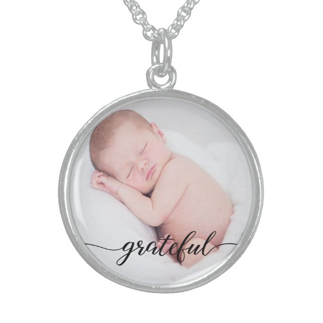 Custom, baby photo, "grateful" script sterling silver necklace (Front)