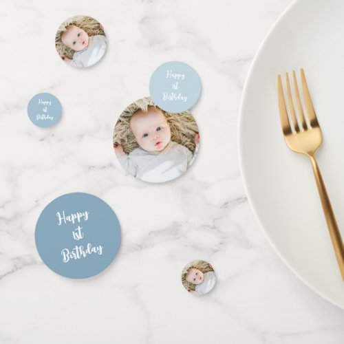 custom baby photo light blue 1st birthday  confetti