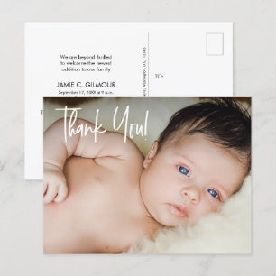 Custom Baby Photo Minimal Modern Script Thank you Announcement Postcard