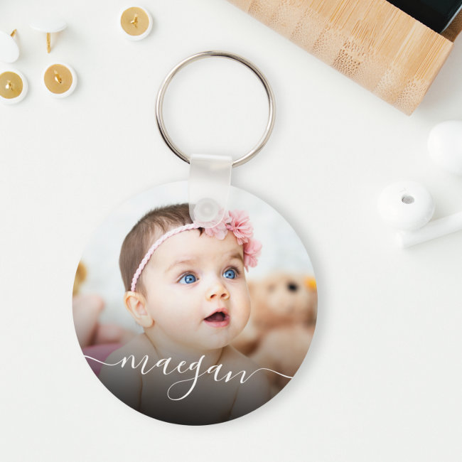 Custom Baby Photo Name Handwriting Script Keychain