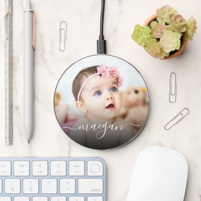 Custom Baby Photo Name Handwriting Script Wireless Charger (Desk)