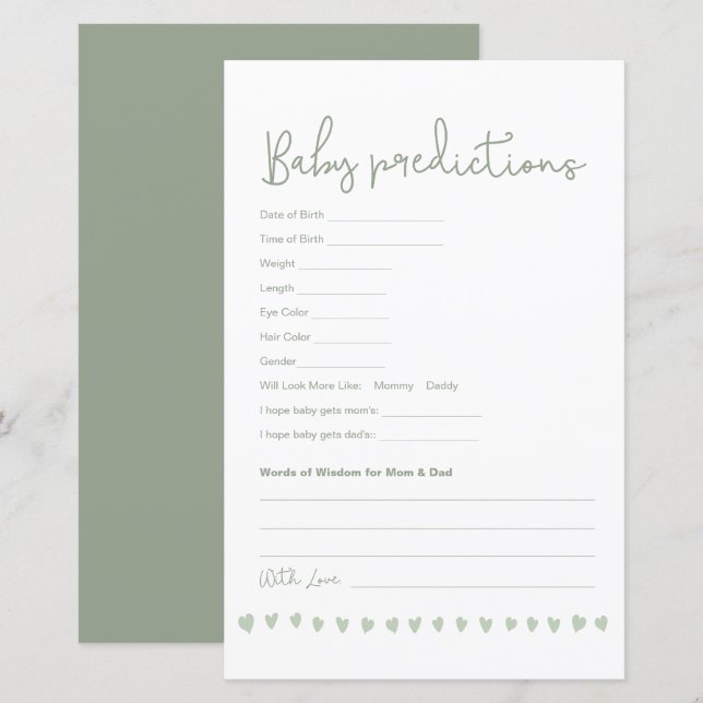 Custom Baby Predictions Baby Shower Game Neutral (Front/Back)