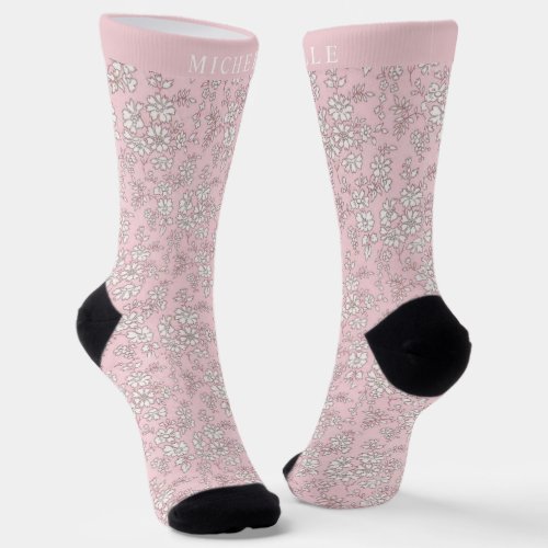Custom Baby Rose Pink Floral White Flower Pattern  Socks