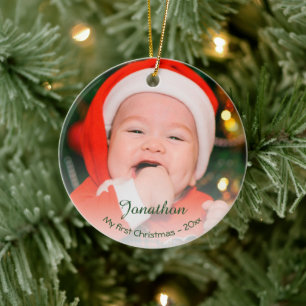 Custom baby’s first Christmas 2024 photo holiday Ceramic Ornament