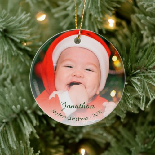 Custom babys first Christmas 2024 photo holiday Ceramic Ornament