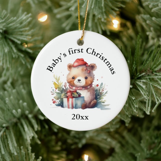 Custom Baby’s First Christmas Bear Gifts Ceramic Ornament (Tree)