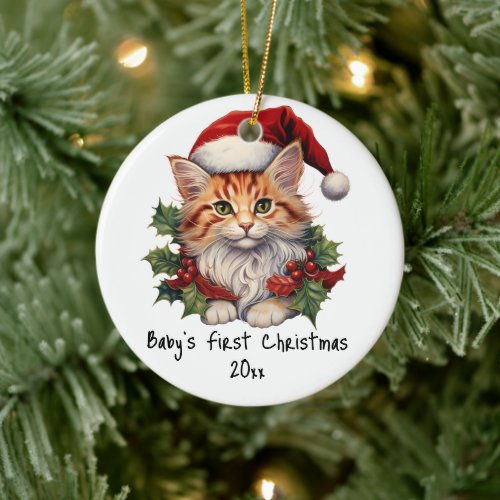Custom Babys First Christmas Cat Kitten Santa Hat Ceramic Ornament