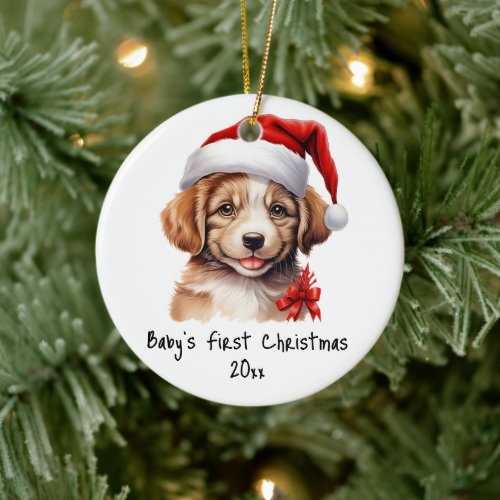 Custom Babys First Christmas Puppy Santa Hat Ceramic Ornament