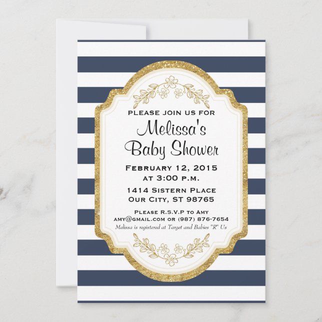 Custom Baby Shower Invitation, Navy and Gold Invitation (Front)