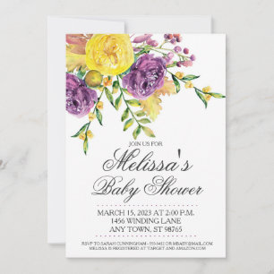 Custom Baby Shower Invite, Purple Yellow Floral Invitation