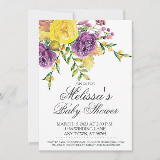 Custom Baby Shower Invite, Purple Yellow Floral Invitation