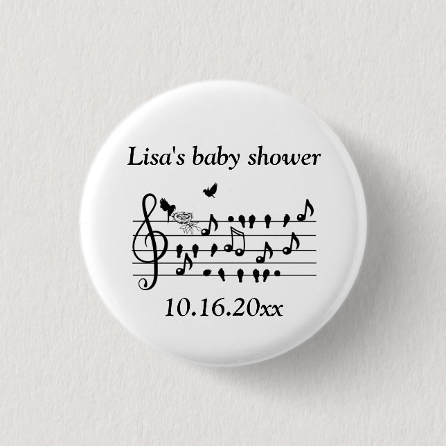 Custom Baby Shower Music Bird Notes Keepsake Button (Front)