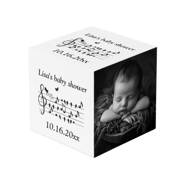 Custom Baby Shower Music Bird Notes Keepsake Cube (Front Angled)
