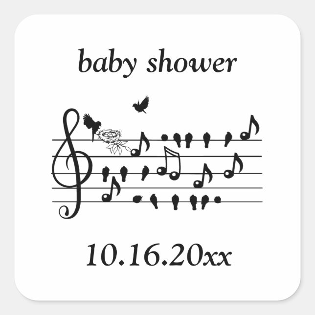 Custom Baby Shower Music Bird Notes Keepsake Square Sticker (Front)