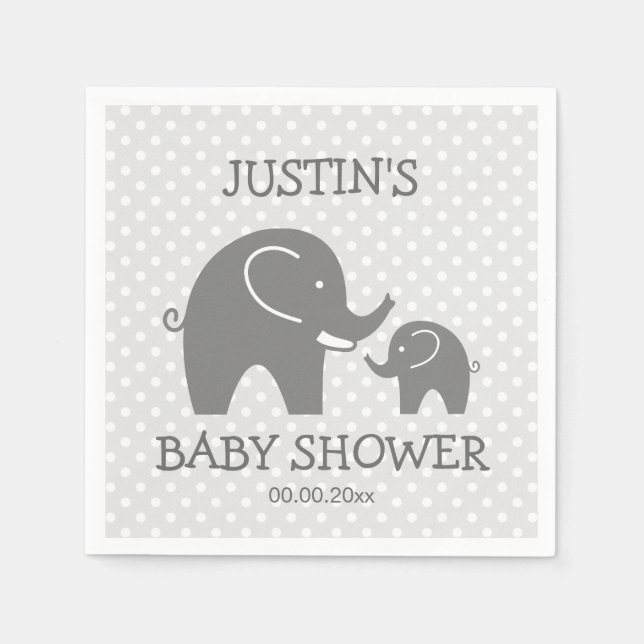 Custom baby shower napkins with cute grey elephant (Front)