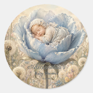 Custom Baby Shower Sleeping baby flower dandelions Classic Round Sticker