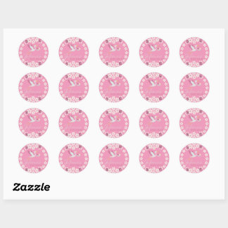 Custom Baby Shower Sticker – Pink Floral Stork Bab